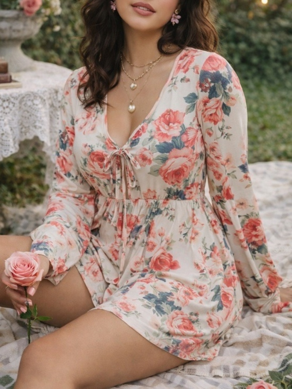 NWT Promesa Floral Long Sleeve Wide-Leg Romper Babydoll Dress Look SZ L NEW